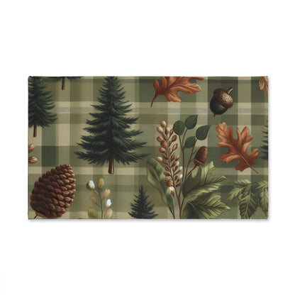 Hand Towel - Rustic Forest Green and Brown Design with Pine Trees and Acorns