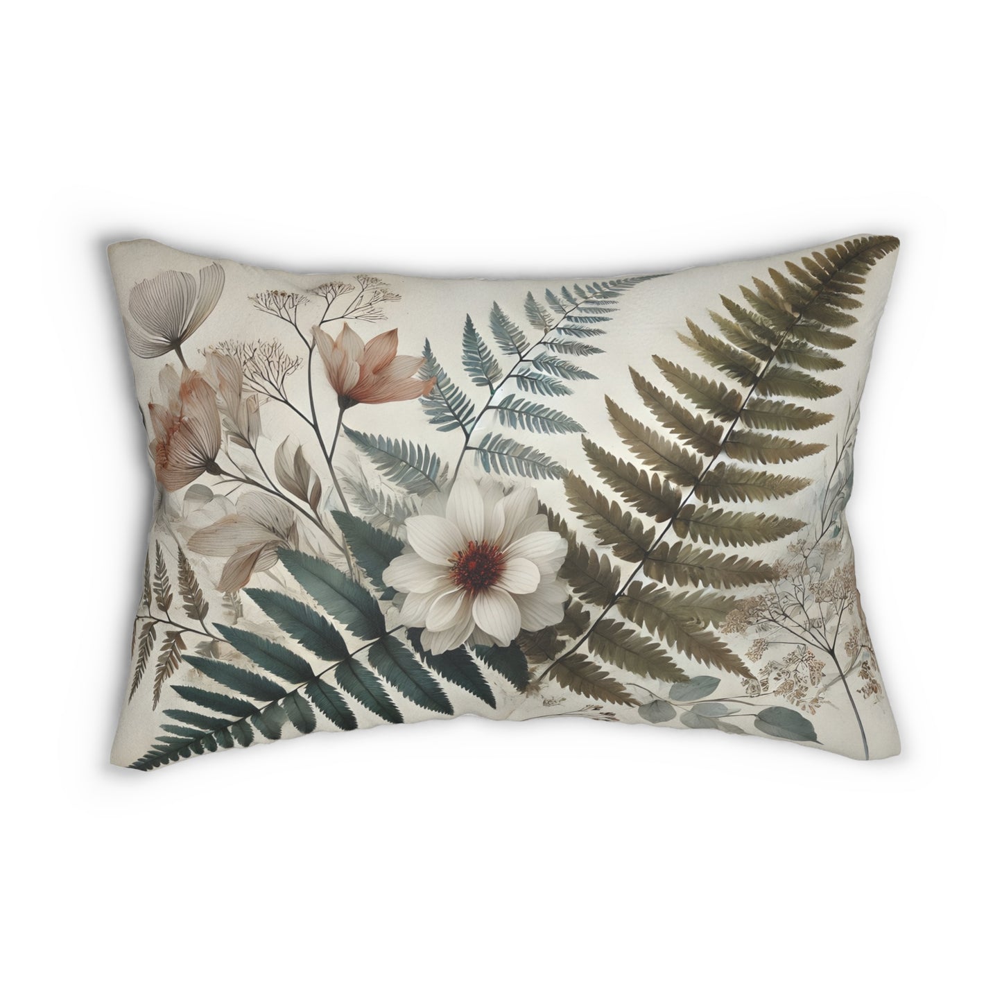 Polyester Decorative Pillow - Botanical Fern and Tropical Flower Watercolor Design