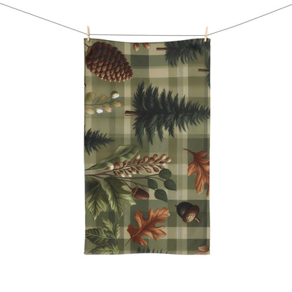 Hand Towel - Rustic Forest Green and Brown Design with Pine Trees and Acorns