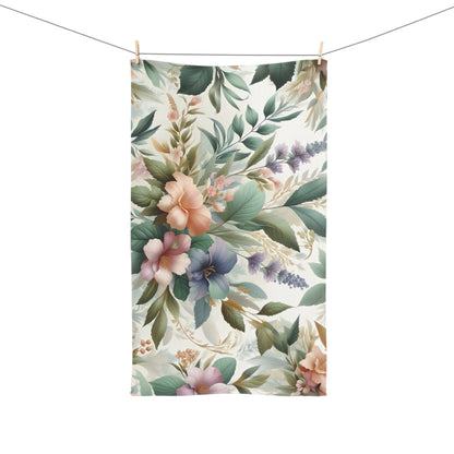 Hand Towel - Botanical Lavender Peach Mint Floral Design with Gold Accents